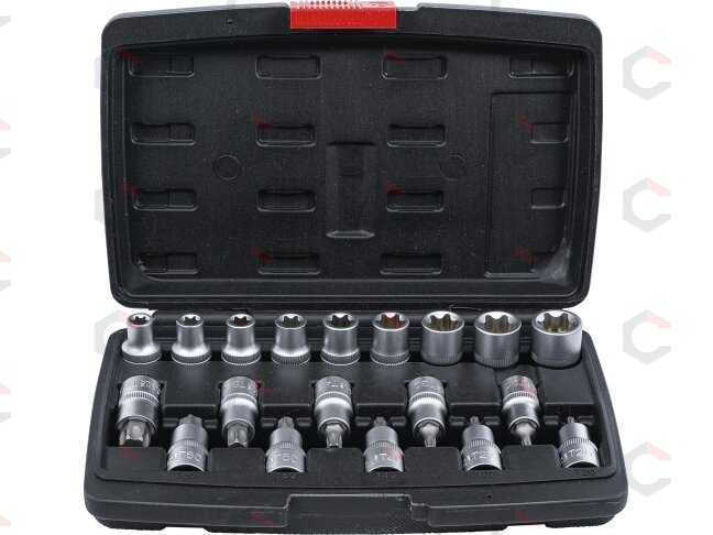 Antgalių / galvučių rinkinys | 12,5 mm (1/2") | T-Star (Torx ) / E-Type | 19 vnt. (95100) Antgalių / galvučių rinkinys | 12,5 mm (1/2") | T-Star (Torx ) / E-Type | 19 vnt. (95100)