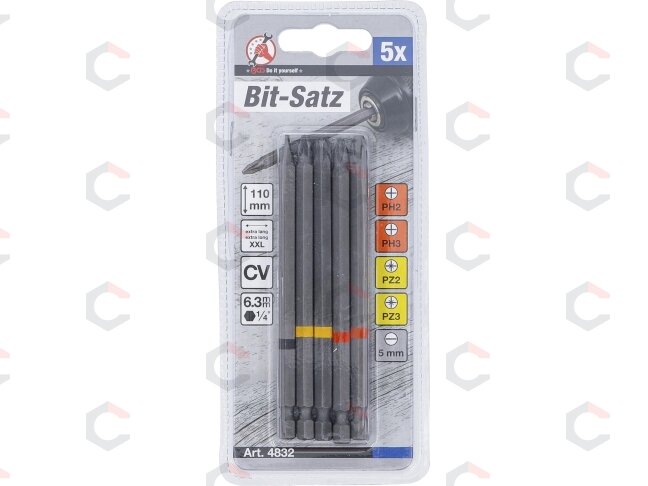 Ilgų sukimo antgalių rinkinys | PH / PZ / SL profiliai | 1/4" | 110 mm | 5 vnt. (4832) 4 Ilgų sukimo antgalių rinkinys | PH / PZ / SL profiliai | 1/4" | 110 mm | 5 vnt. (4832) 4