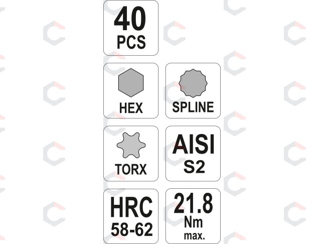 Atsuktuvų antgalių rinkinys | Torx, Hex, Spline | 40 vnt. (YT-0400) 5 Atsuktuvų antgalių rinkinys | Torx, Hex, Spline | 40 vnt. (YT-0400) 5