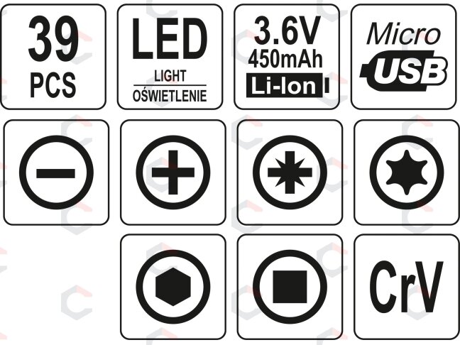 Antgalių rinkinys | su akumuliatoriniu atsuktuvu | Lithium-ion / 3,6V | 39 vnt. (YT-27930) 6