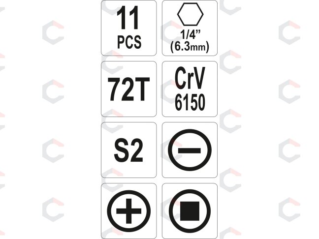 Antgalių rinkinys su terkšle 1/4" | 11 vnt. (YT-14390) 3