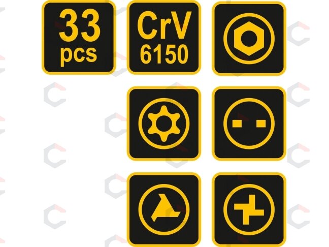 Antgaliukų rinkinys 33 dalių Chrome-Vanadium (66330) 5 Antgaliukų rinkinys 33 dalių Chrome-Vanadium (66330) 5