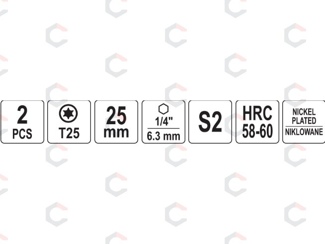 Antgaliai | 6,3 mm (1/4") | S2 Ni | T-Star (Torx) T25 | 2 vnt. (YT-78014) 3 Antgaliai | 6,3 mm (1/4") | S2 Ni | T-Star (Torx) T25 | 2 vnt. (YT-78014) 3