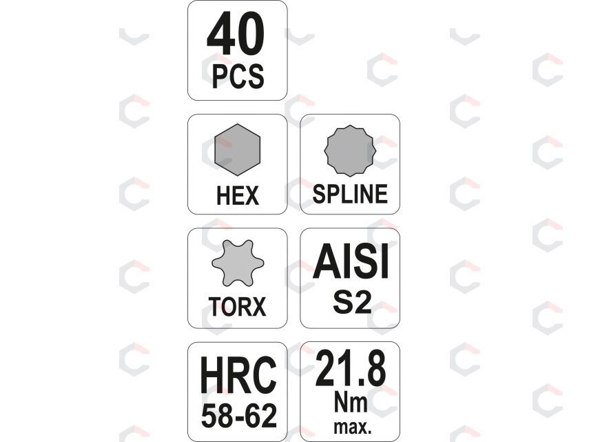 Atsuktuvų antgalių rinkinys | Torx, Hex, Spline | 40 vnt. (YT-0400) 5 Atsuktuvų antgalių rinkinys | Torx, Hex, Spline | 40 vnt. (YT-0400) 5
