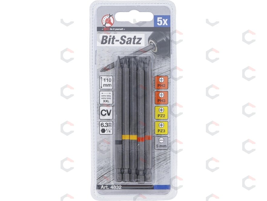 Ilgų sukimo antgalių rinkinys | PH / PZ / SL profiliai | 1/4" | 110 mm | 5 vnt. (4832) 4 Ilgų sukimo antgalių rinkinys | PH / PZ / SL profiliai | 1/4" | 110 mm | 5 vnt. (4832) 4