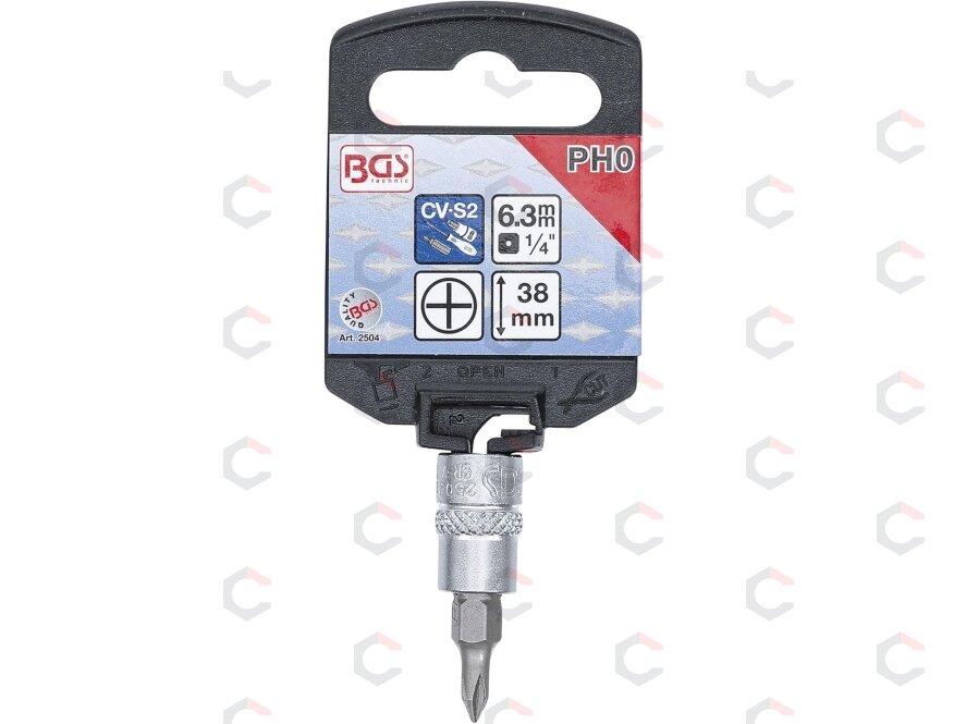 Antgalis įpresuotas į galvutę | 6.3 mm (1/4") | kryžminis PH0 (2504) 1 Antgalis įpresuotas į galvutę | 6.3 mm (1/4") | kryžminis PH0 (2504) 1