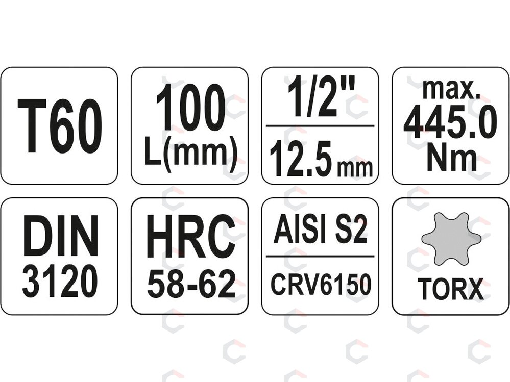 Antgalis įpresuotas į galvutę 1/2", S2, 100 mm, T60 (YT-04328) 3 Antgalis įpresuotas į galvutę 1/2", S2, 100 mm, T60 (YT-04328) 3