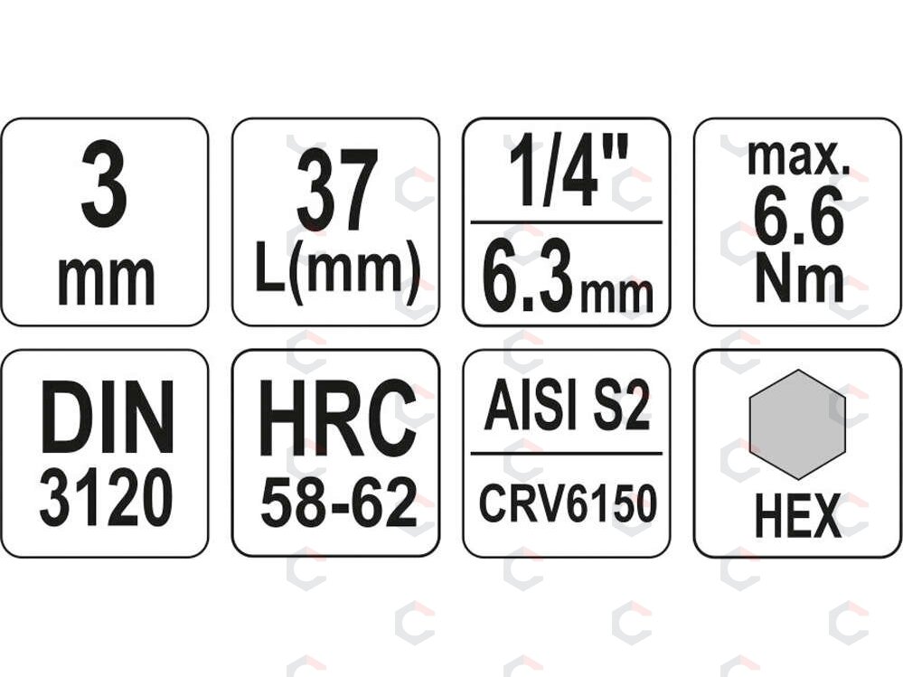 Antgalis įpresuotas į galvutę | 6,3 mm (1/4") | hex šešiakampis 3 mm (YT-04370) 2 Antgalis įpresuotas į galvutę | 6,3 mm (1/4") | hex šešiakampis 3 mm (YT-04370) 2