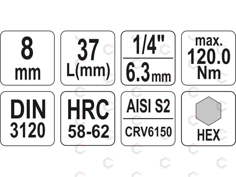 Antgalis įpresuotas į galvutę | 6,3 mm (1/4") | hex šešiakampis 8 mm (YT-04375) 3 Antgalis įpresuotas į galvutę | 6,3 mm (1/4") | hex šešiakampis 8 mm (YT-04375) 3