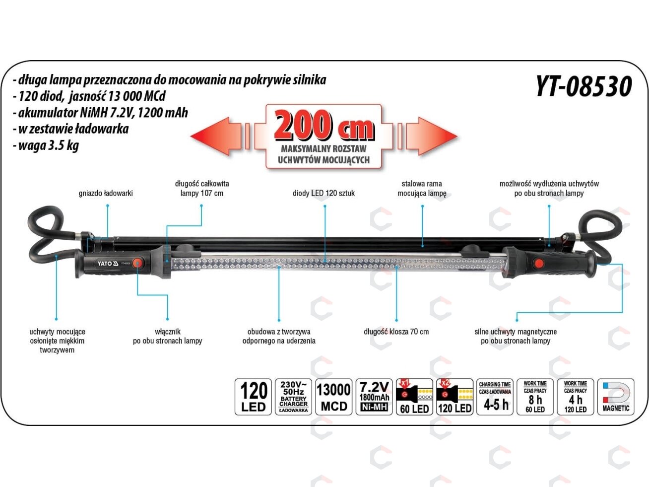 Apšvietimo lempa tvirtinama po variklio dangčiu | 120 led | 1000 mm (YT-08530) 3 Apšvietimo lempa tvirtinama po variklio dangčiu | 120 led | 1000 mm (YT-08530) 3