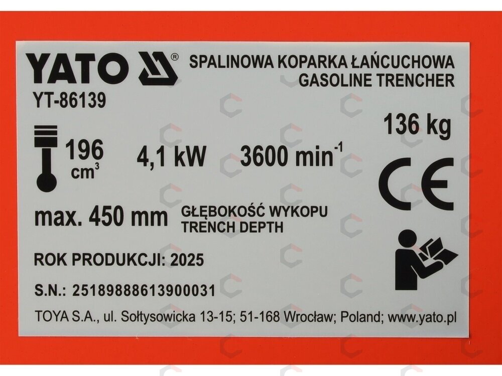 Benzininė tranšėjų kasimo mašina YATO | 196 cm³ | 450 mm (YT-86139) 12