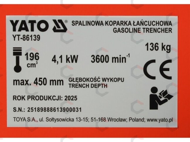 Benzininė tranšėjų kasimo mašina YATO | 196 cm³ | 450 mm (YT-86139) 12 Benzininė tranšėjų kasimo mašina YATO | 196 cm³ | 450 mm (YT-86139) 12