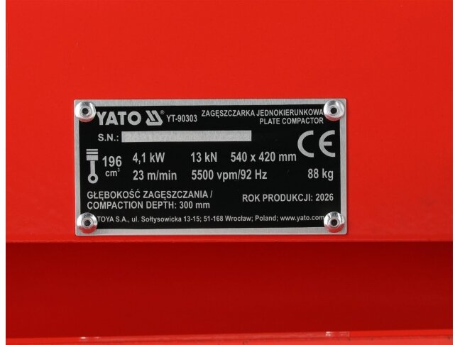 Benzininė vienakryptė vibroplokštė 13 kN, 540 × 420 mm, 88 kg YATO (YT-90303) 13 Benzininė vienakryptė vibroplokštė 13 kN, 540 × 420 mm, 88 kg YATO (YT-90303) 13