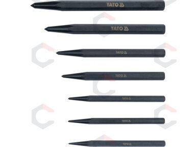 Centro / smailių išmušėjų rinkinys – profesionalus, CrV 6150, juodintas – 1,5–6 mm, 7 vnt (YT-47170) Centro / smailių išmušėjų rinkinys – profesionalus, CrV 6150, juodintas – 1,5–6 mm, 7 vnt (YT-47170)