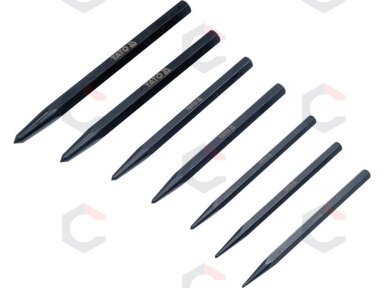 Centro / smailių išmušėjų rinkinys – profesionalus, CrV 6150, juodintas – 1,5–6 mm, 7 vnt (YT-47170) Centro / smailių išmušėjų rinkinys – profesionalus, CrV 6150, juodintas – 1,5–6 mm, 7 vnt (YT-47170)