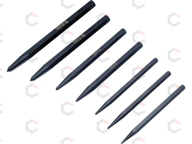 Centro / smailių išmušėjų rinkinys – profesionalus, CrV 6150, juodintas – 1,5–6 mm, 7 vnt (YT-47170) Centro / smailių išmušėjų rinkinys – profesionalus, CrV 6150, juodintas – 1,5–6 mm, 7 vnt (YT-47170)
