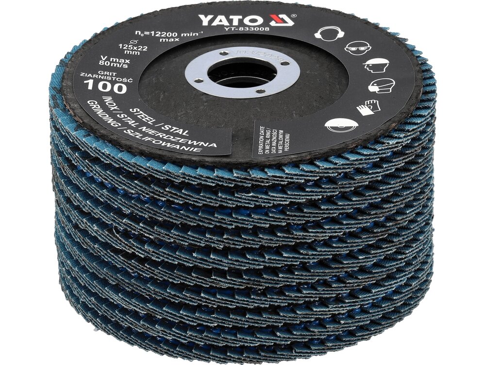 Cirkonio korundo lapelinių šlifavimo diskų rinkinys P100, 125 × 22 mm, 10 vnt. YATO (YT-833003) Cirkonio korundo lapelinių šlifavimo diskų rinkinys P100, 125 × 22 mm, 10 vnt. YATO (YT-833003)