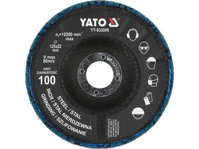 Cirkonio korundo lapelinių šlifavimo diskų rinkinys P100, 125 × 22 mm, 10 vnt. YATO (YT-833003) 2 Cirkonio korundo lapelinių šlifavimo diskų rinkinys P100, 125 × 22 mm, 10 vnt. YATO (YT-833003) 2
