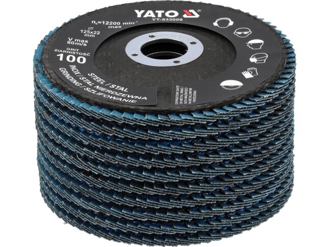 Cirkonio korundo lapelinių šlifavimo diskų rinkinys P100, 125 × 22 mm, 10 vnt. YATO (YT-833003) Cirkonio korundo lapelinių šlifavimo diskų rinkinys P100, 125 × 22 mm, 10 vnt. YATO (YT-833003)