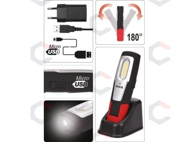 Darbo lempa akumuliatorinė | 6W COB, 600LM + 250LM, LI-ION 3.7V 2600MAH, IK07, IP54, CRI80 (YT-08558)