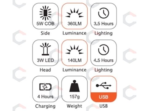 Darbo lempa akumuliatorinė | 3W LED | 150LM + 5W COB LED | 360LM (CWL5B) 3 Darbo lempa akumuliatorinė | 3W LED | 150LM + 5W COB LED | 360LM (CWL5B) 3