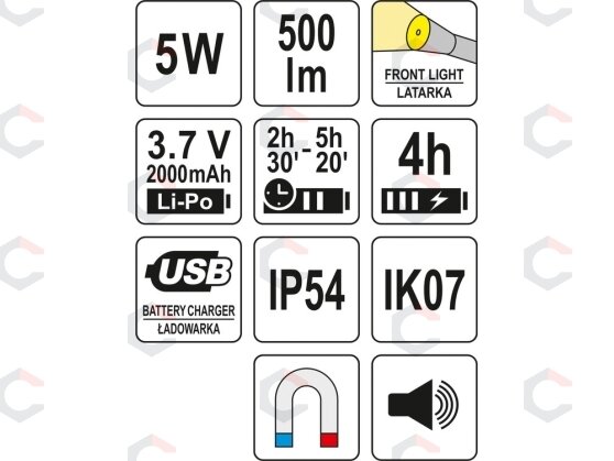 Darbo lempa akumuliatorinė | 500LM, LI-PO 3.7V 2000MAH, 3 in 1 | 500lm (YT-08557) 5 Darbo lempa akumuliatorinė | 500LM, LI-PO 3.7V 2000MAH, 3 in 1 | 500lm (YT-08557) 5
