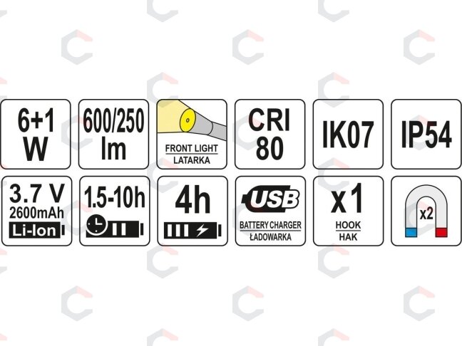 Darbo lempa akumuliatorinė | 6W COB, 600LM + 250LM, LI-ION 3.7V 2600MAH, IK07, IP54, CRI80 (YT-08558) 6 Darbo lempa akumuliatorinė | 6W COB, 600LM + 250LM, LI-ION 3.7V 2600MAH, IK07, IP54, CRI80 (YT-08558) 6