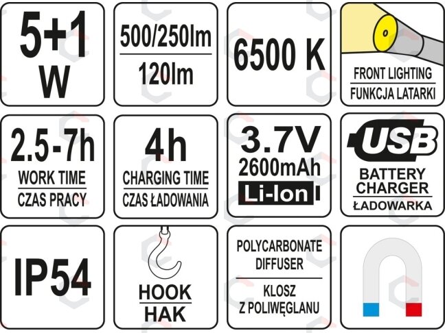 Darbo lempa akumuliatorinė lanksti | 5W COB, 500LM + 120LM (YT-08562) 7 Darbo lempa akumuliatorinė lanksti | 5W COB, 500LM + 120LM (YT-08562) 7