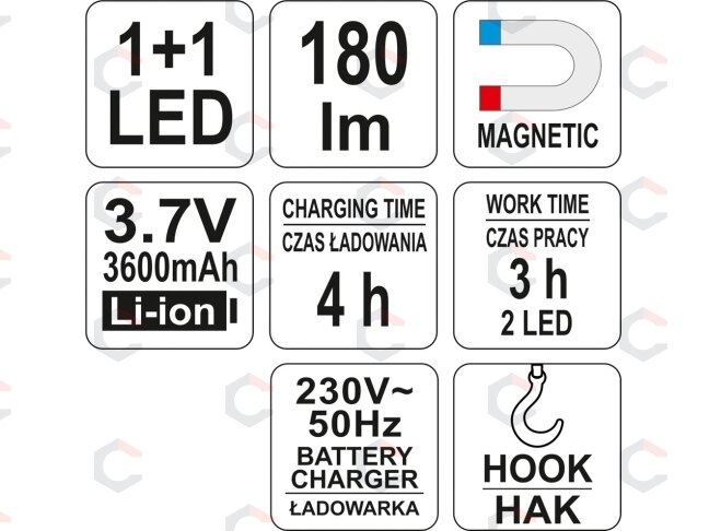 Darbo lempa | COB+1Led / 180 LUM | LED MAGNET | Aku Li-Ion (YT-08502) 7 Darbo lempa | COB+1Led / 180 LUM | LED MAGNET | Aku Li-Ion (YT-08502) 7