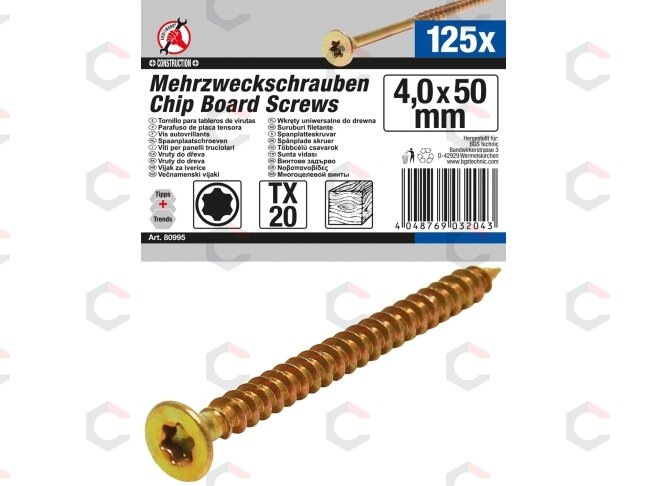 Daugiafunkciniai varžtai | T-Star (Torx) T20 | 4,0 x 50 mm | 125 vnt. (80995) Daugiafunkciniai varžtai | T-Star (Torx) T20 | 4,0 x 50 mm | 125 vnt. (80995)