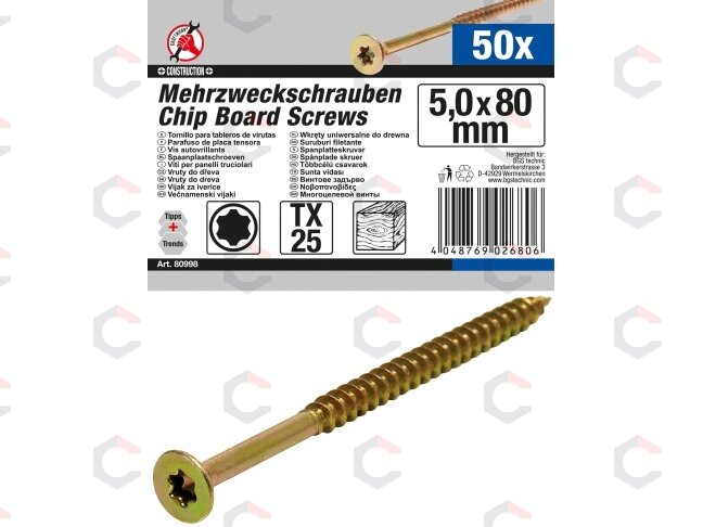Daugiafunkciniai varžtai | T-Star (Torx) T25 | 5,0 x 80 mm | 50 vnt (80998) Daugiafunkciniai varžtai | T-Star (Torx) T25 | 5,0 x 80 mm | 50 vnt (80998)
