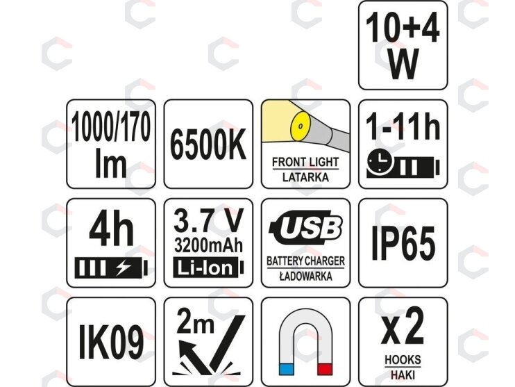 Darbo lempa akumuliatorinė | COB 10W 1000LM, IK09, IP65, LI-ION 3.7V 3200MAH (YT-08510) 5 Darbo lempa akumuliatorinė | COB 10W 1000LM, IK09, IP65, LI-ION 3.7V 3200MAH (YT-08510) 5