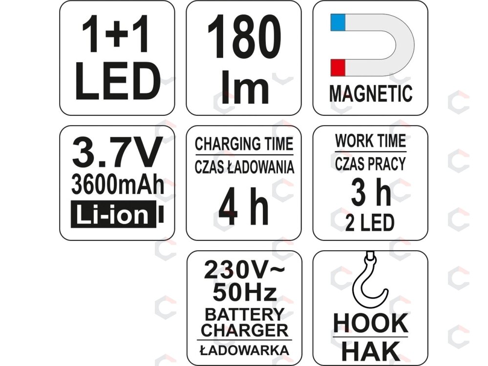 Darbo lempa | COB+1Led / 180 LUM | LED MAGNET | Aku Li-Ion (YT-08502) 7 Darbo lempa | COB+1Led / 180 LUM | LED MAGNET | Aku Li-Ion (YT-08502) 7