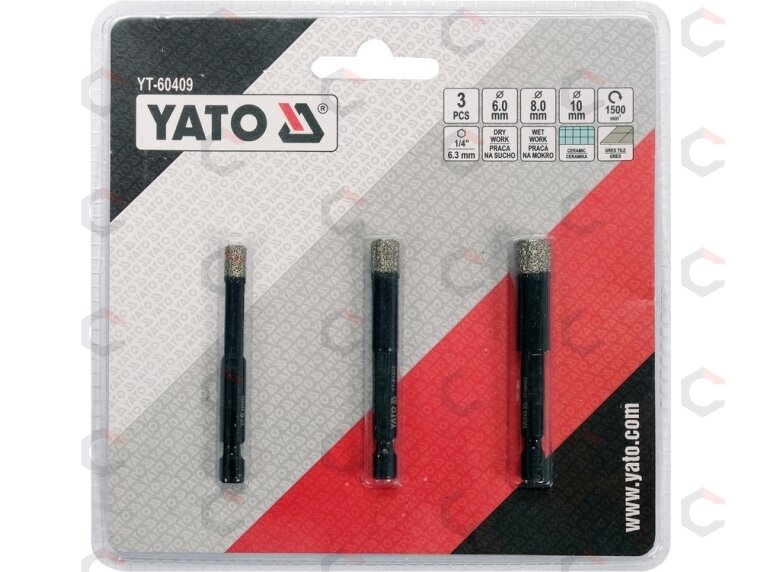 Deimantinės karūnėlės | 6,3 mm (1/4") | 6 / 8 / 10 mm | 3 vnt. (YT-60409) 2 Deimantinės karūnėlės | 6,3 mm (1/4") | 6 / 8 / 10 mm | 3 vnt. (YT-60409) 2