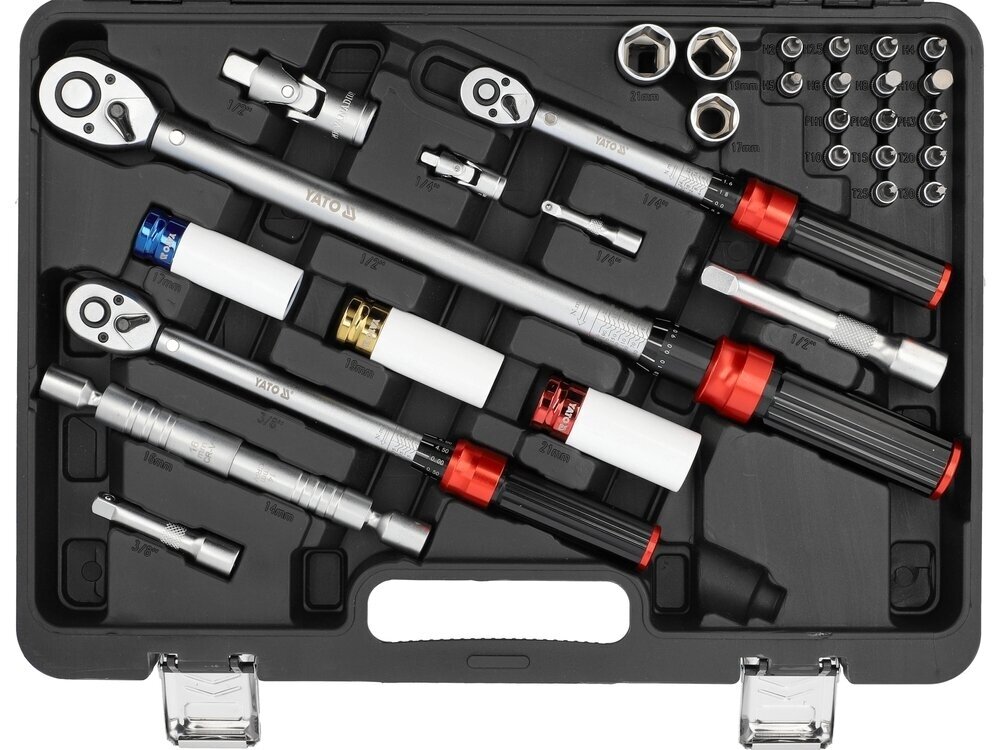 Dinamometrinių raktų ir priedų rinkinys 1/4", 3/8", 1/2", 2–220 Nm, 32 vnt. YATO (YT-07717) 1 Dinamometrinių raktų ir priedų rinkinys 1/4", 3/8", 1/2", 2–220 Nm, 32 vnt. YATO (YT-07717) 1