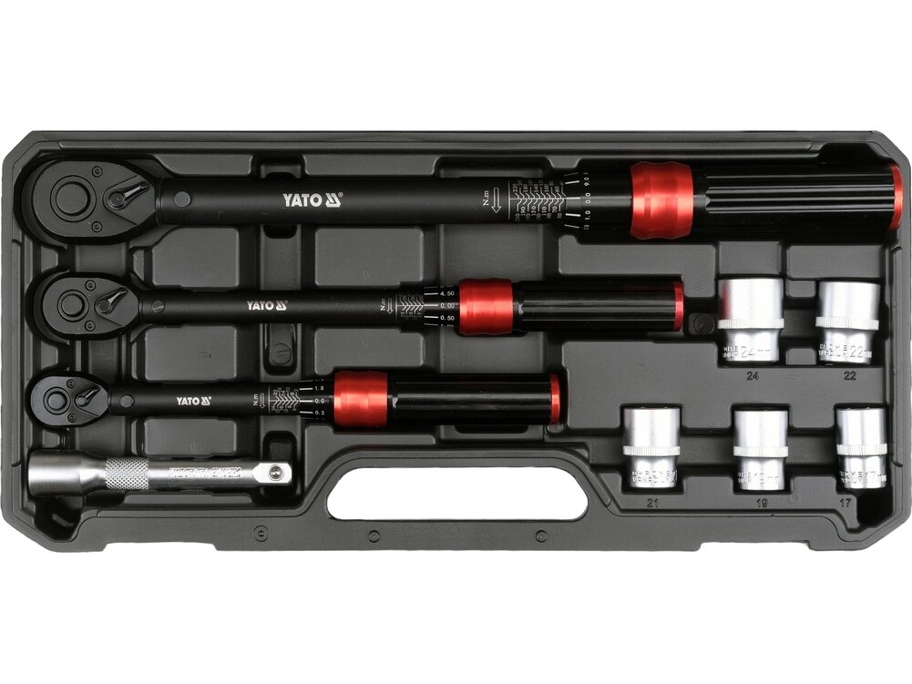 Dinamometrinių raktų rinkinys | 1/4", 3/8", 1/2" | 2–220 Nm | 9 vnt. (YT-07716) 2 Dinamometrinių raktų rinkinys | 1/4", 3/8", 1/2" | 2–220 Nm | 9 vnt. (YT-07716) 2