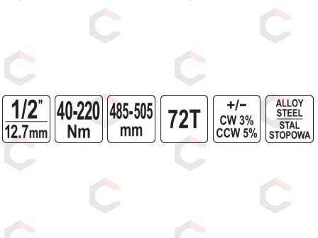 Dinamometrinis raktas | 12.5 mm (1/2") | 40 - 220 Nm (YT-07676) 5 Dinamometrinis raktas | 12.5 mm (1/2") | 40 - 220 Nm (YT-07676) 5