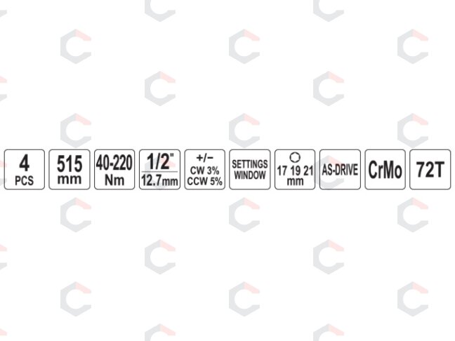 Dinamometrinio rakto rinkinys ratų keitimui | 1/2" | 40–220 Nm | 4 vnt. (YT-07847) 1 Dinamometrinio rakto rinkinys ratų keitimui | 1/2" | 40–220 Nm | 4 vnt. (YT-07847) 1