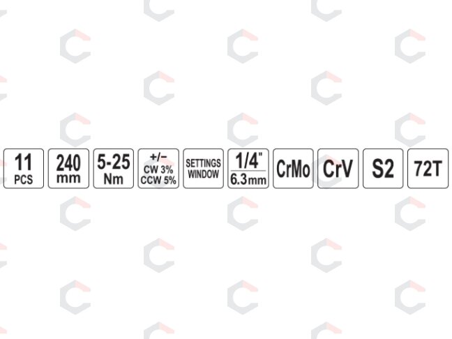 Tikslus dinamometrinio rakto rinkinys | 6,3 mm (1/4") | 5–25 Nm | 11 vnt. (YT-07840) 8 Tikslus dinamometrinio rakto rinkinys | 6,3 mm (1/4") | 5–25 Nm | 11 vnt. (YT-07840) 8