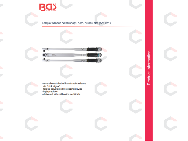 Dinamometrinis raktas | "Workshop" | 12.5 mm (1/2") | 70 - 350 Nm (971) 10 Dinamometrinis raktas | "Workshop" | 12.5 mm (1/2") | 70 - 350 Nm (971) 10