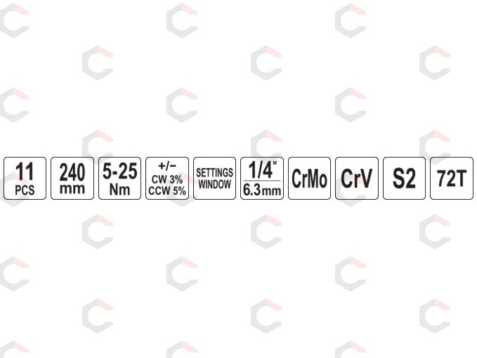 Tikslus dinamometrinio rakto rinkinys | 6,3 mm (1/4") | 5–25 Nm | 11 vnt. (YT-07840) 8 Tikslus dinamometrinio rakto rinkinys | 6,3 mm (1/4") | 5–25 Nm | 11 vnt. (YT-07840) 8