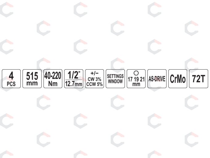 Dinamometrinio rakto rinkinys ratų keitimui | 1/2" | 40–220 Nm | 4 vnt. (YT-07847) 1 Dinamometrinio rakto rinkinys ratų keitimui | 1/2" | 40–220 Nm | 4 vnt. (YT-07847) 1