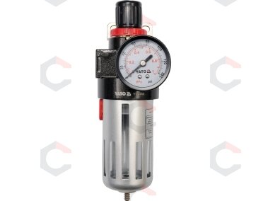 Drėgmės filtras su reguliatoriumi ir manometru 1/2" (YT-2383) Drėgmės filtras su reguliatoriumi ir manometru 1/2" (YT-2383)