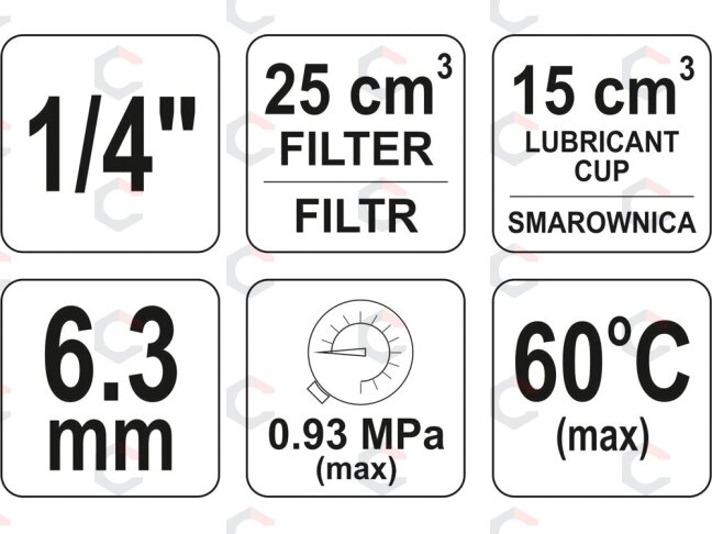 Oro paruošimo filtras–reguliatorius su manometru ir tepaline | 25 cm³, 1/4" (YT-2384) 2 Oro paruošimo filtras–reguliatorius su manometru ir tepaline | 25 cm³, 1/4" (YT-2384) 2