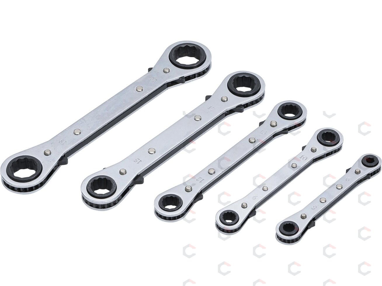 Dvipusiai terkšliniai veržliarakčiai | su reversu | 6 x 8-19 x 22 mm | 5 vnt. (1450) 5 Dvipusiai terkšliniai veržliarakčiai | su reversu | 6 x 8-19 x 22 mm | 5 vnt. (1450) 5