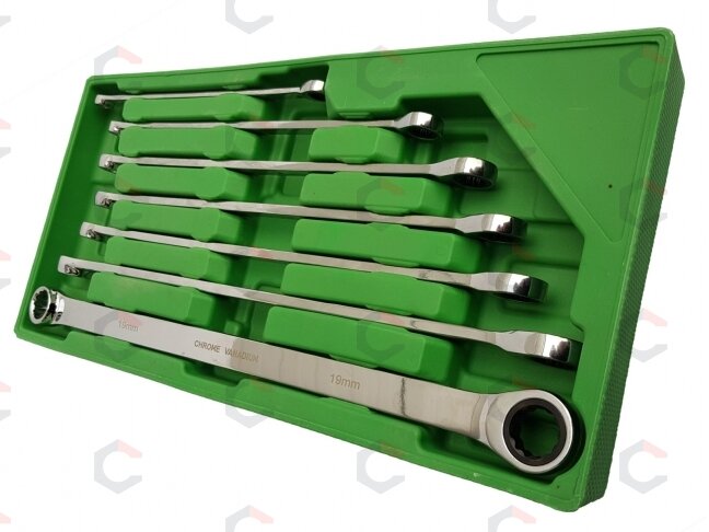 Dvigubo žiedo raktų rinkinys su terkšle | ilgas tipas | 8 - 19 mm | 7 vnt. (DR07) 1 Dvigubo žiedo raktų rinkinys su terkšle | ilgas tipas | 8 - 19 mm | 7 vnt. (DR07) 1