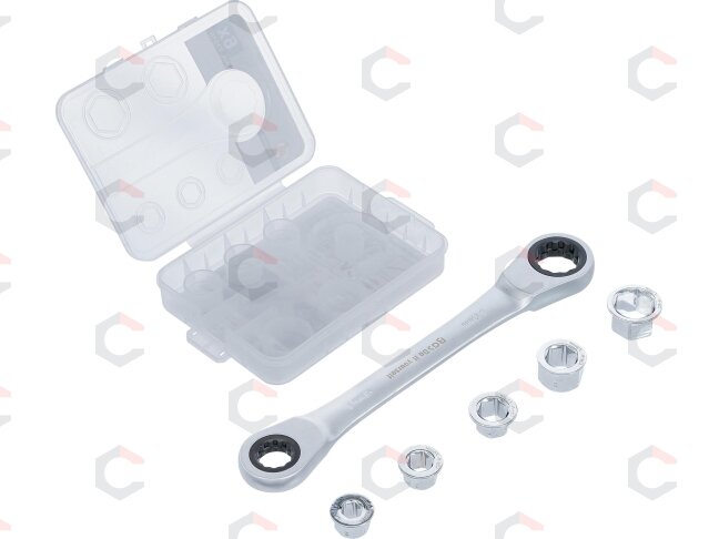 Dvipusis terkšlinis veržliaraktis su adapterių rinkiniu | 8 - 19 mm | 6 vnt. (71016) Dvipusis terkšlinis veržliaraktis su adapterių rinkiniu | 8 - 19 mm | 6 vnt. (71016)