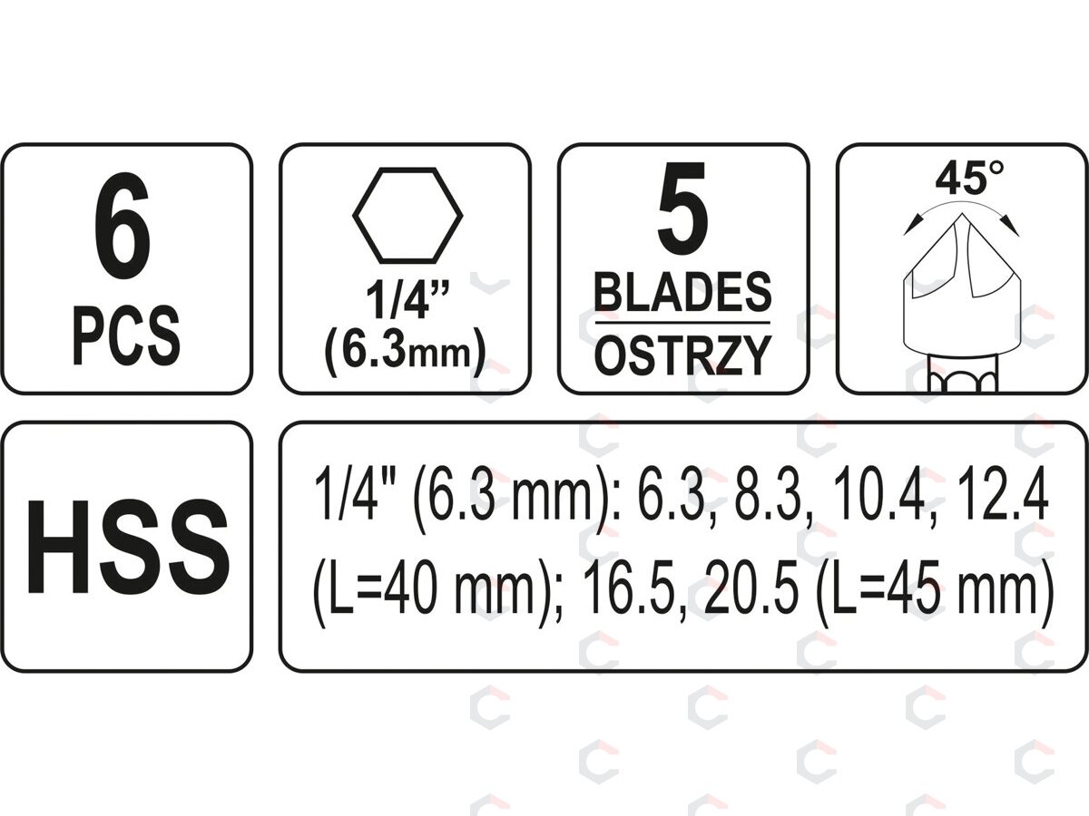 Frezų/grąžtų metalui rinkinys | HSS | Hex 6,3 mm (1/4") | 6.3 - 20.5 mm (YT-44729) 3 Frezų/grąžtų metalui rinkinys | HSS | Hex 6,3 mm (1/4") | 6.3 - 20.5 mm (YT-44729) 3