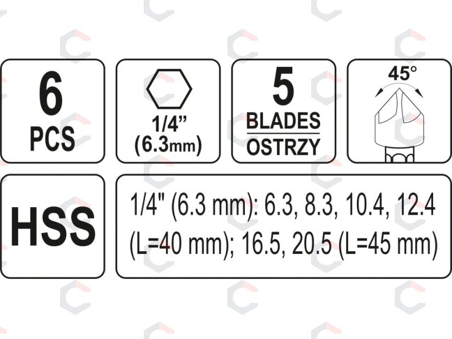 Frezų/grąžtų metalui rinkinys | HSS | Hex 6,3 mm (1/4") | 6.3 - 20.5 mm (YT-44729) 3 Frezų/grąžtų metalui rinkinys | HSS | Hex 6,3 mm (1/4") | 6.3 - 20.5 mm (YT-44729) 3