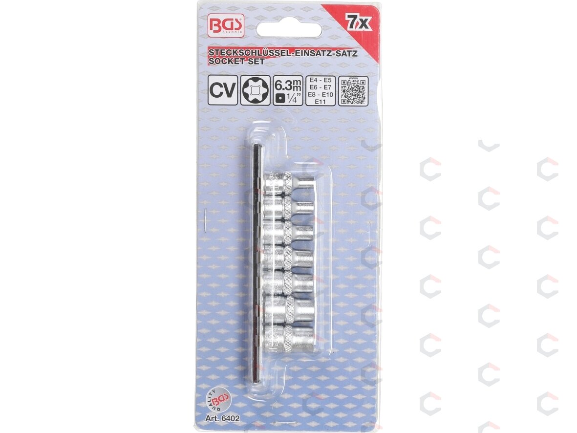 Galvučių rinkinys E-Tipas | 6,3 mm (1/4") | E4 - E11 | 7 vnt. (6402) 1 Galvučių rinkinys E-Tipas | 6,3 mm (1/4") | E4 - E11 | 7 vnt. (6402) 1